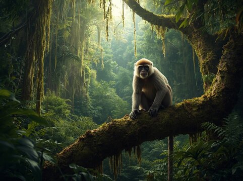 Monyet dengan detail bulu yang sangat tajam dan mata yang ekspresif Hutan hujan tropis yang lebat dengan dedaunan hijau, lumut, pakis, dan tanaman merambat Cahaya matahari alami yang menyaring melalui