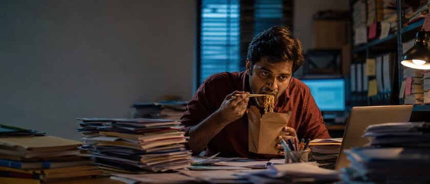 Young Man Eating Takeaway Noodles at Desk Late at Night.