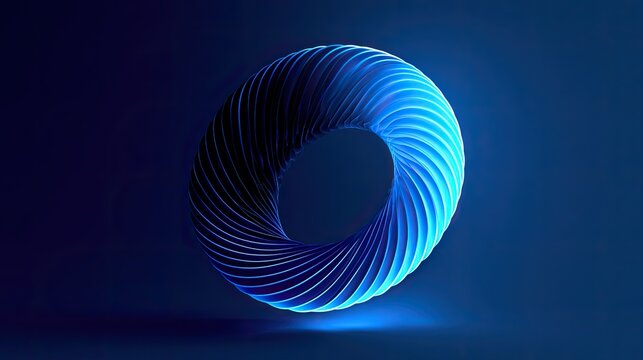 Abstract glowing blue torus with spiraling ribbed texture on dark background
