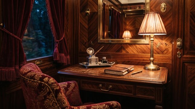 Luxury Vintage Train Cabin Interior with Wood Paneling, Velvet Armchair, Antique Writing Desk, Warm Lamp Lighting, and Nostalgic Elegant Travel Atmosphere Heritage Concept