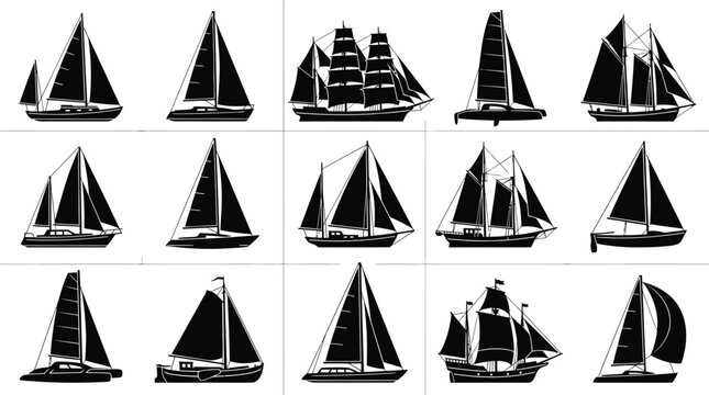 Nautical Sailing Vessels Collection: Diverse Ships and Boats Black and White Silhouette Vector Art Set