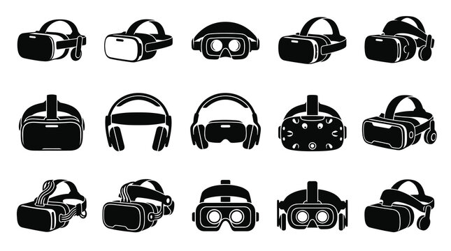 Black  White Glyph Icons of Virtual Reality VR Headsets on White Background