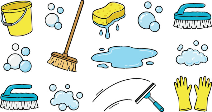 Housekeeping cleaning tools and soap bubbles doodle flat vector set,