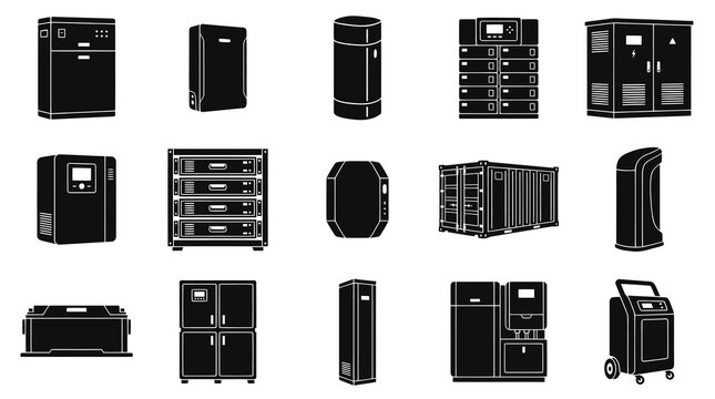 Technology Equipment Icons: Servers, Power Units, Storage, Data Center Gear Glyph
