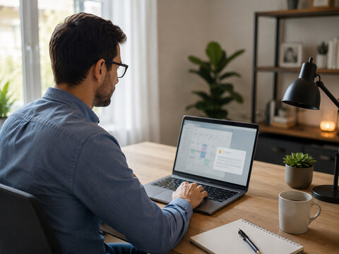 Man in Glasses Working on Laptop with Calendar Alert in Modern Office