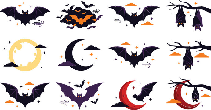 Spooky Halloween bats and moon flat vector illustration collection