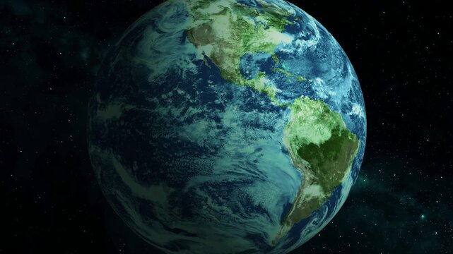 Blue planet spins against a star-filled void. Clouds swirl above continents and oceans. Green landmasses contrast with deep blue waters. No people or animals appear in this view