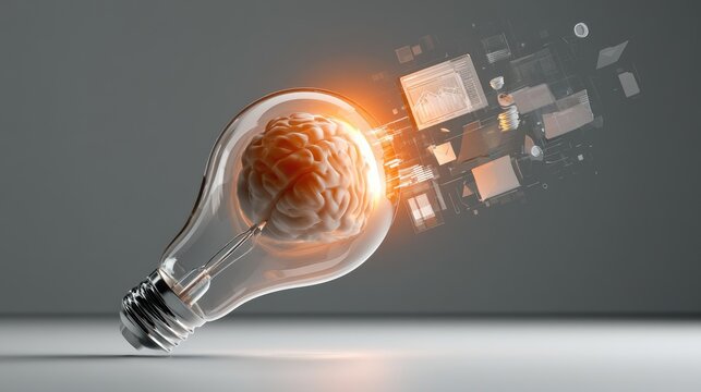 Glowing brain inside lightbulb, fragments of digital data explode outwards