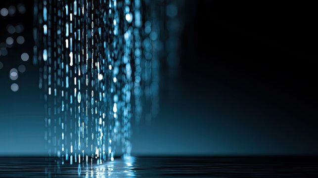 Digital cascade of glowing binary code falling into reflective water