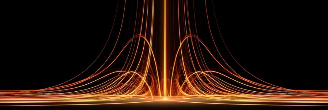 Fiery orange light trails converge and diverge against a dark backdrop