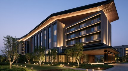 Fototapeta premium Illuminated modern hotel exterior with curved roofline at twilight