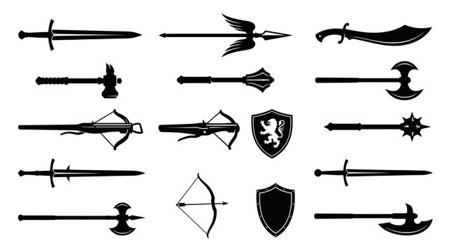 Black and White Medieval Weaponry Vector Icons - Swords, Axes, Bows, Shields, Maces