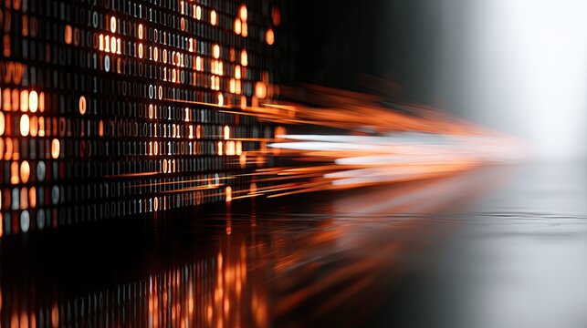 Abstract digital data stream with glowing orange light particles escaping