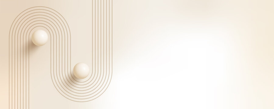 Widescreen nude gradient background featuring blush, champagne and brown shades, abstract 3D spheres and minimalist line arch shapes. Elegant boho-inspired bg for covers, banners and social media.