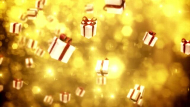 Wrapped gift boxes with red ribbons falling against golden bokeh background in slow motion creating festive celebration atmosphere for holiday season video.