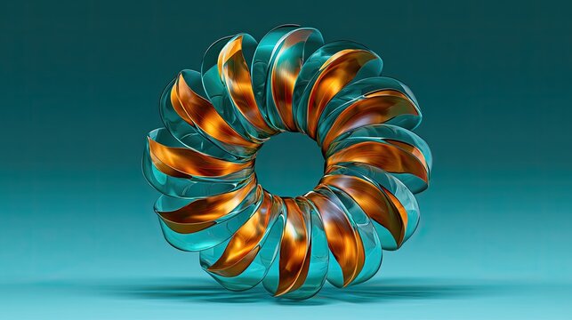 A luminous, toroidal sculpture with translucent blue and coppery segments