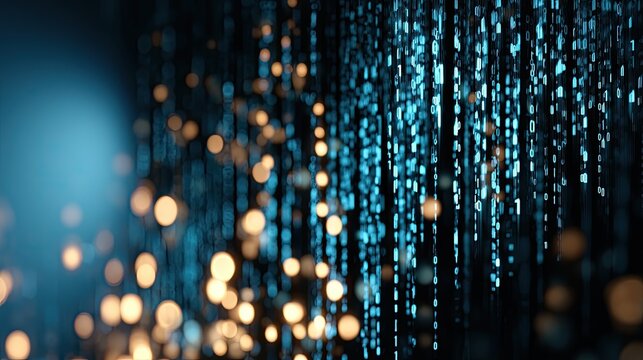 Abstract digital streams of blue and gold bokeh lights on a dark background