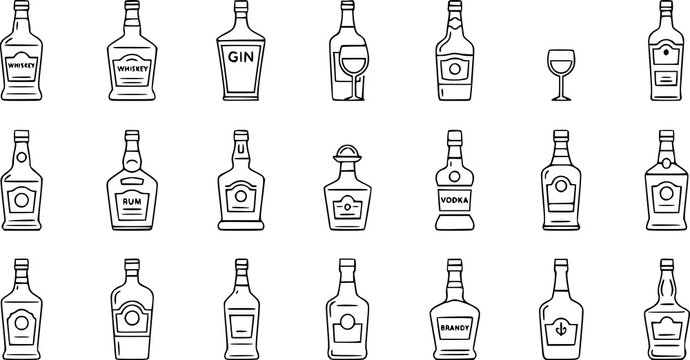 Alcoholic beverage bottles and glassware line icon set  outline  elements isolated on background.