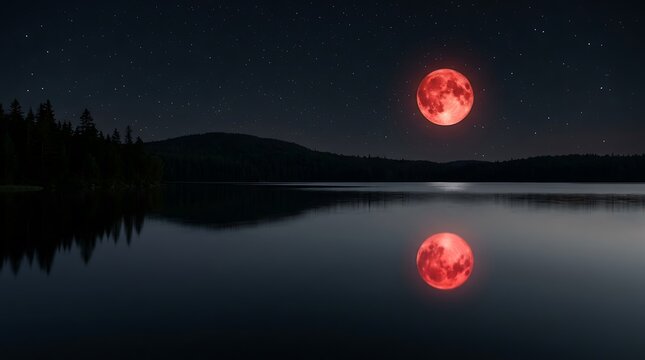 Full Red Moon Reflected in Calm Lake Under Starry Night Sky
