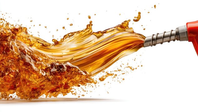 Red nozzle dispensing amber liquid creating dynamic splashes and fluid motion