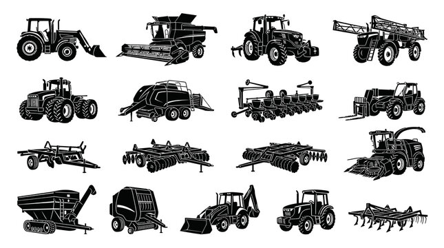 Black and White Vector Icons of Agricultural Farm Machinery and Equipment