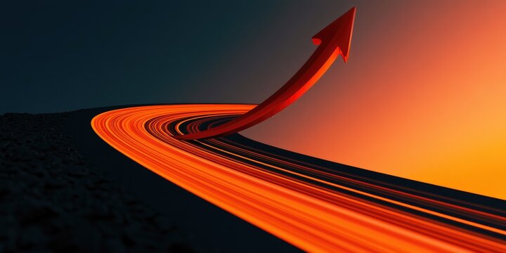 Red arrow ascending from glowing orange and black streaky pathway