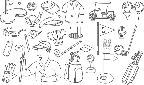 Golf doodle clip art set. Hand drawn vector line art icons for golf equipment, clothing, cart, and player.