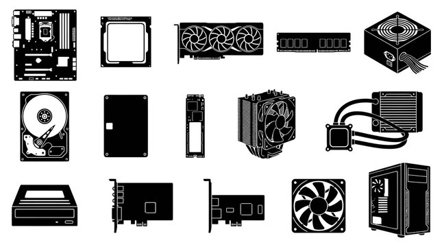 Technology Computer Hardware Glyph Icon Set: Black  White PC Components  Desktop Parts