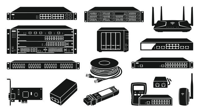 Black and White Glyph Network Devices Icons - IT Technology Equipment, Switches, Routers, Servers, Cables