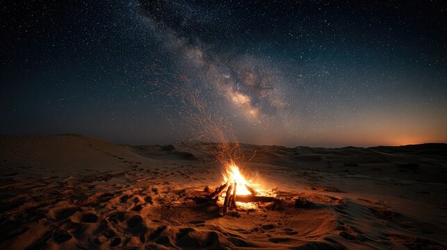 Campfire blazing in desert dunes under a starry Milky Way sky