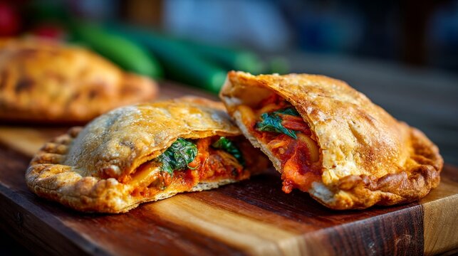 Two panzerotti are placed on a wooden board. One is partially opened to show the tomato and herbs inside. The setting is a local market during the afternoon.