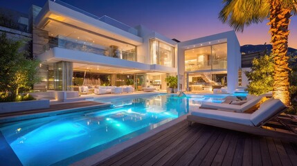 Fototapeta premium Luxurious modern villa with infinity pool at twilight, tropical setting