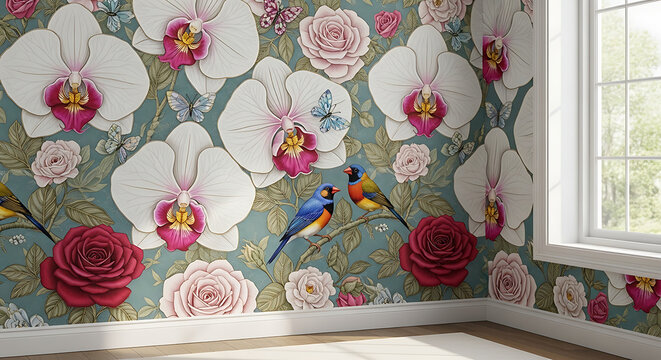 Colorful floral wallpaper in empty room with window