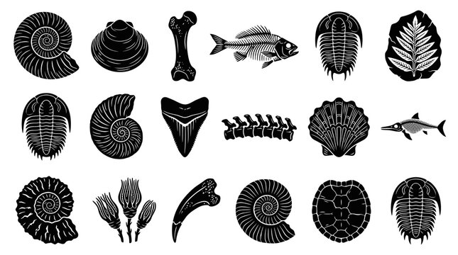 Fossil Collection Icons: Ancient Life, Seashells, Fish, Bones  Trilobites, BW Vector Art