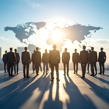A group of people stand facing a large world map at sunrise