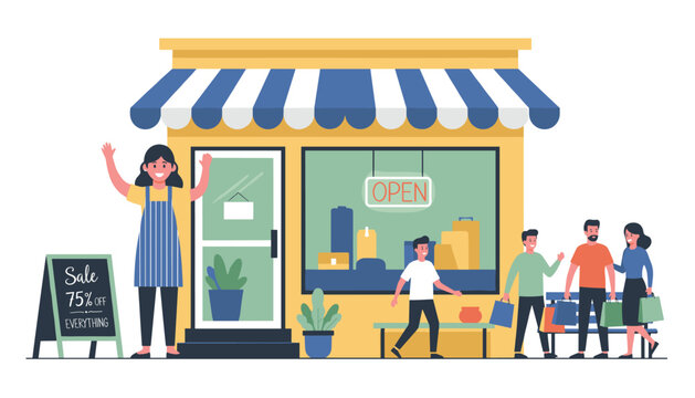 Friendly shopkeeper waving outside a small retail store while customers carry shopping bags on a bright and sunny summer day.
