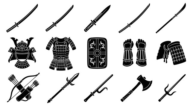 Japanese Samurai Warrior Weapons and Armor Glyph Icons Set