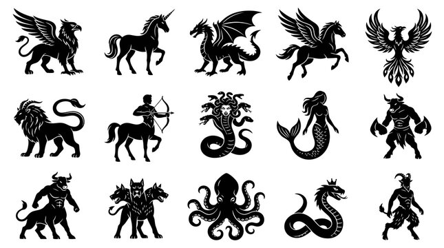 Mythical Creatures and Legendary Monsters Black Silhouette Vector Icons Set