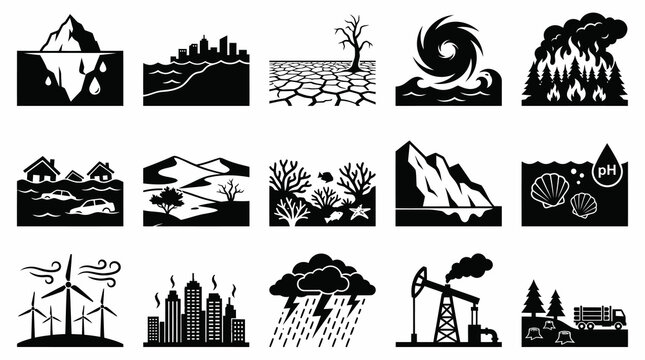 Climate Change Icons: Global Warming, Natural Disasters, Pollution, Environment - Glyph Art