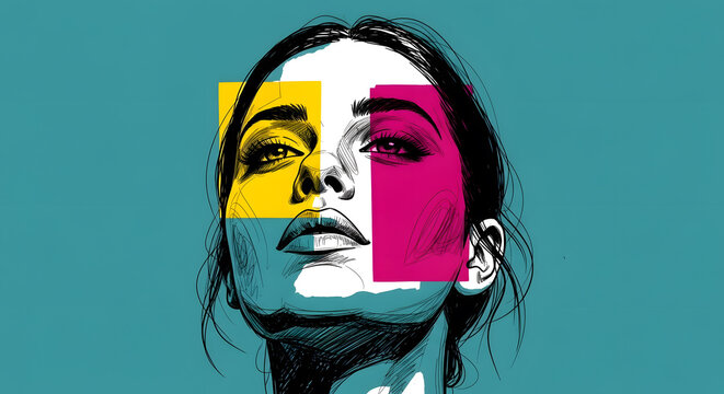 Abstract portrait of a woman with vibrant graphic elements. Digital art and contemporary expression. Artistic stylized portrait with geometric shapes