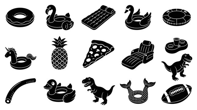 Summer Inflatables Icons Set: Pool Floats, Beach Toys, Vacation Items - Glyph Black Silhouette Vector
