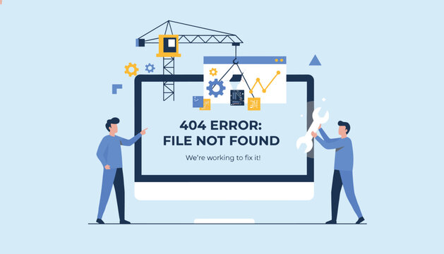Website 404 error page illustration with workers trying to fix a broken file on a large computer screen using a crane and wrench.