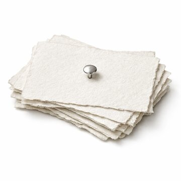 Handmade deckle edge paper stack with silver push pin, vintage textured cotton rag paper sheets, rustic cream stationery mockup on white background