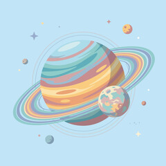 Colorful pastel planet with rings floats in light blue space © Palmer