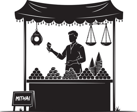 Silhouette Indian sweets vendor stall, man mithai
