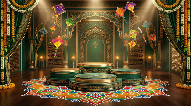 Colorful stage with vibrant umbrellas and intricate decorative patterns for cultural performances