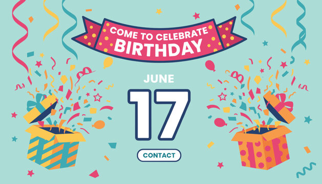 Joyful birthday celebration invitation featuring open gift boxes with exploding confetti and a save the date for June.