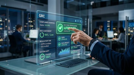 Fototapeta premium Businessman interacting with virtual data interface in office