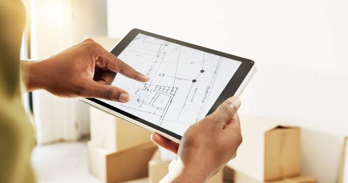 Blueprint, hands and tablet screen in new house for renovation, planning or property revamping. Person, tech display and floorplan in apartment for architecture layout, real estate design and project