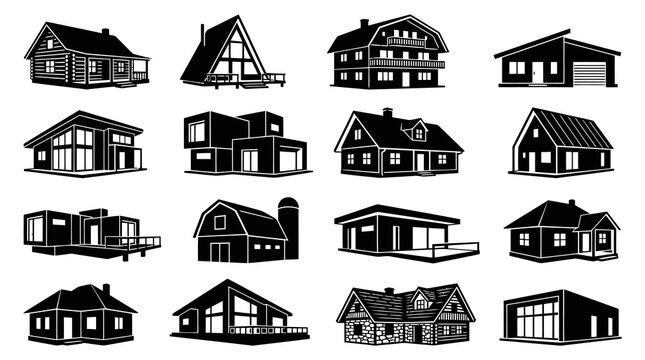 Black and White Vector Icons of Various Modern and Traditional House Designs